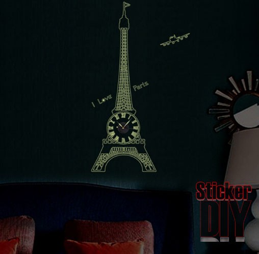 ลดราคา Bigsize Transparent wall clock sticker สติ๊กเกอร์นาฬิกาติดผนังเรืองแสง Eiffel (กว้าง60cm.xสูง118cm.)