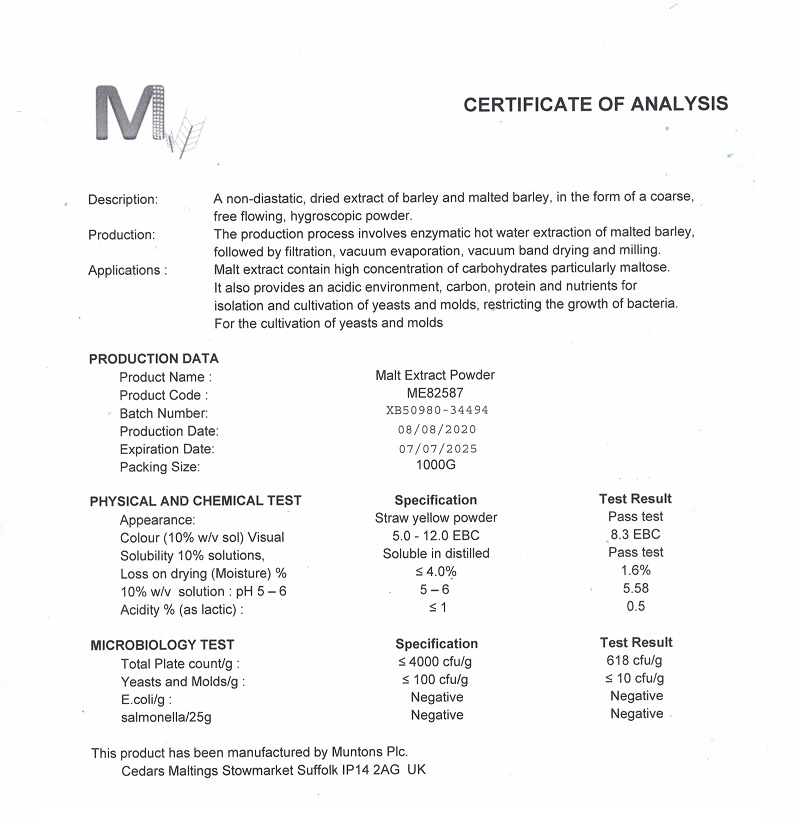 Malt Extract Power for bacteriology ผงมอลต์สกัด [MUNTONS;UK] บรรจุ 1000 กรัม