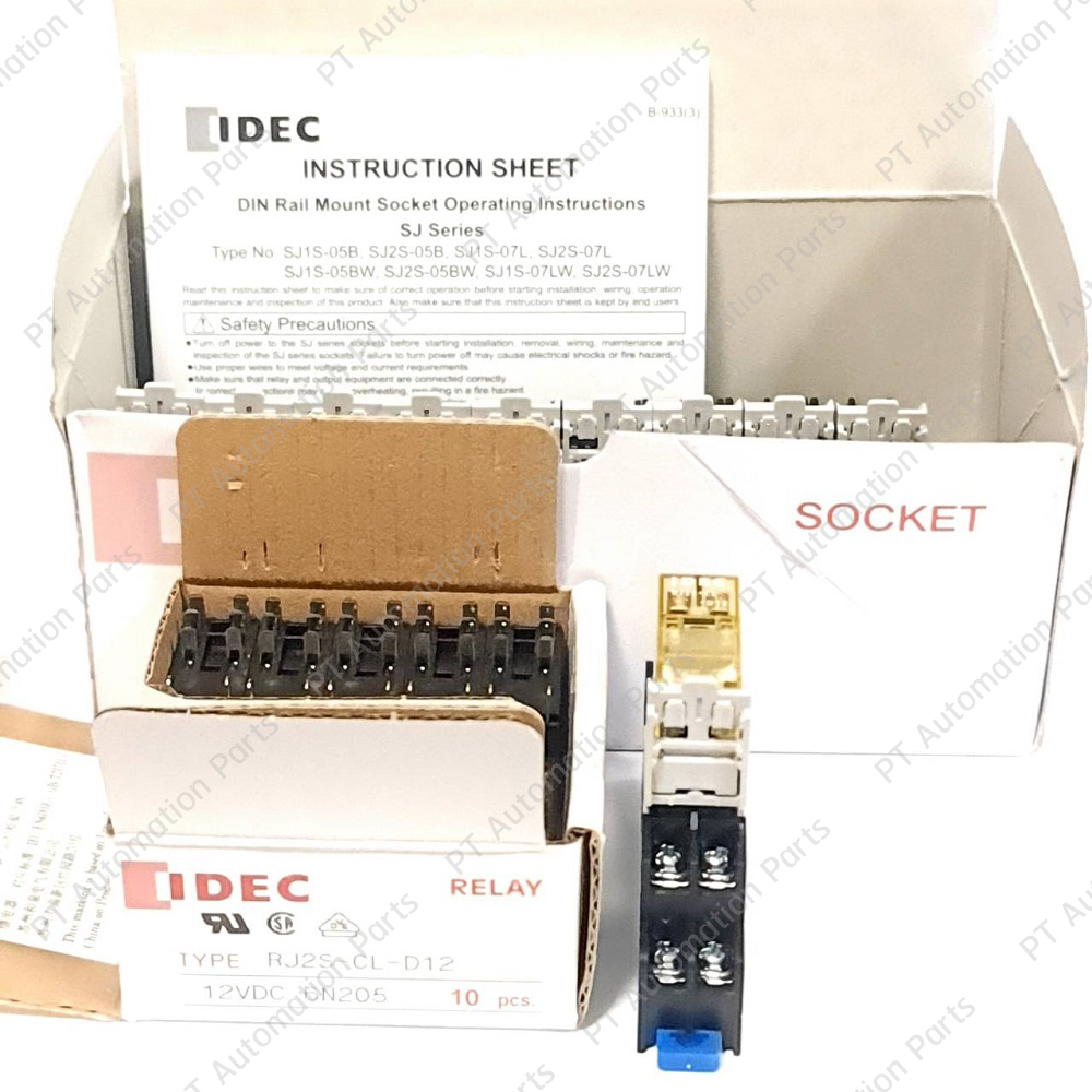 (แพ็ค/10ชุด) รีเลย์พร้อมซ็อกเก็ต IDEC RJ2S-CL-D12 SJ2S-05B 12VDC 8A 2คอนแทค 8ขา มีไฟแสดงสถานะ LED Slim Power Relay with Socket