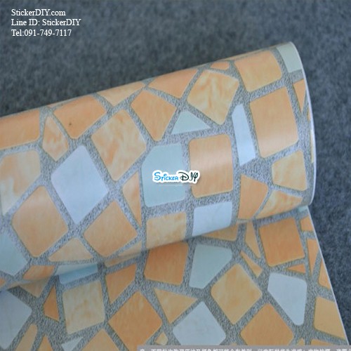 (กว้าง45cm.xยาว10m.)Wallpaper sticker วอลเปเปอร์แบบกาวในตัว ลายโมเสค สไตล์B สีส้ม