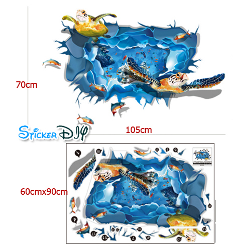 Transparent wall sticker สติ๊กเกอร์ติดผนัง 3D โลกใต้น้ำของเต่าทะเล (กว้าง105cm.xสูง70cm.)