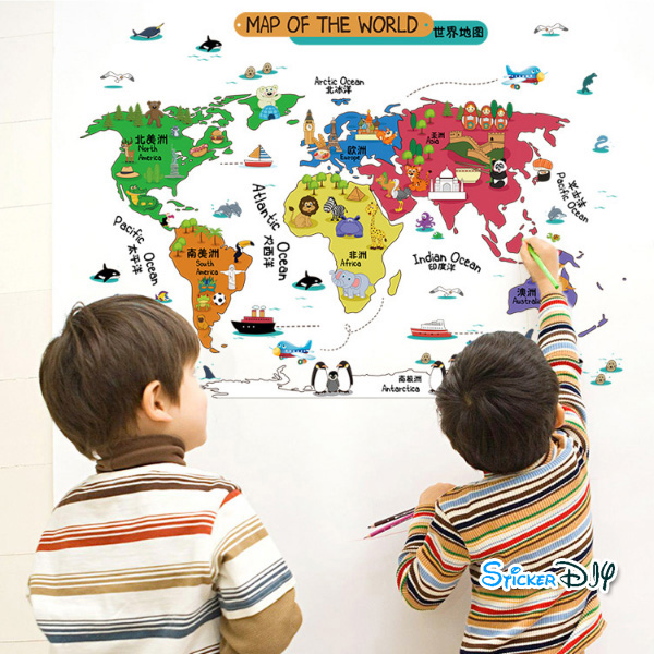 Transparent wall sticker สติ๊กเกอร์ติดผนัง MAP OF WORLD 4KIDS (กว้าง92cm.xสูง60cm.)