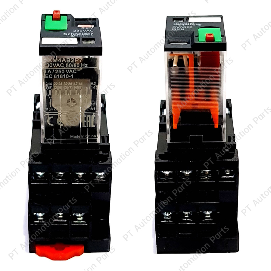 รีเลย์พร้อมซ็อกเก็ต ชไนเดอร์ Schneider Electric RXM4AB2P7 RXZE1M4C 230VAC 6A 4คอนแทค 14ขา มีไฟแสดงสถานะ LED