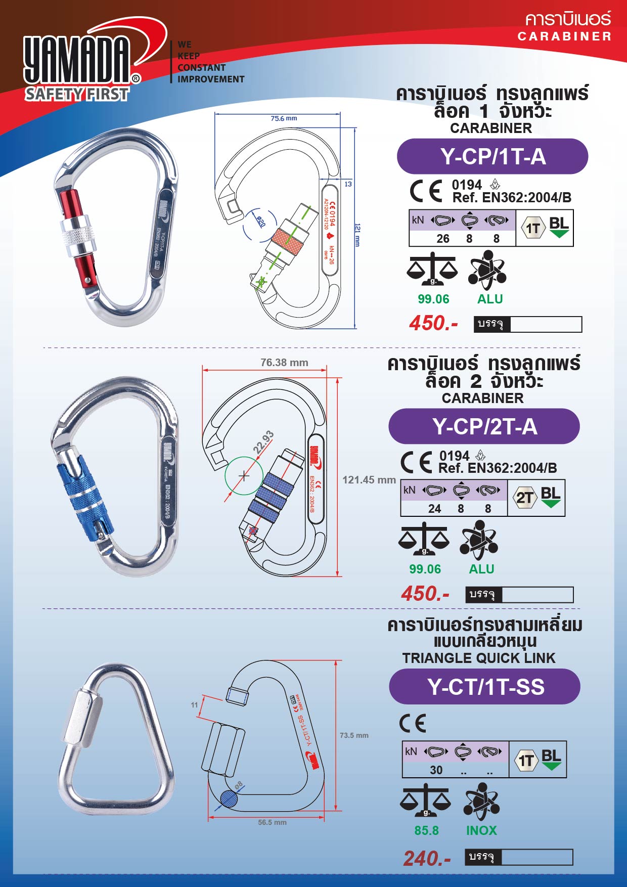 คาราบิเนอร์ทรงลูกแพร์ ล็อค 1 จังหวะ รุ่น Y-CP/1T-A ยี่ห้อ YAMADA