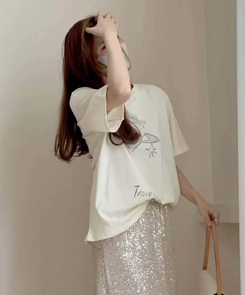 P28501 เสื้อแฟชั่น ผ้ายืดเนื้อนิ่ม พริ้ว สีเบจ