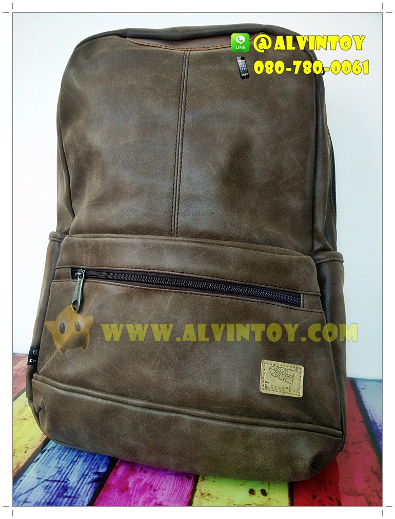 กระเป๋าเป้หนัง Three-Box สีน้ำตาลเข้ม