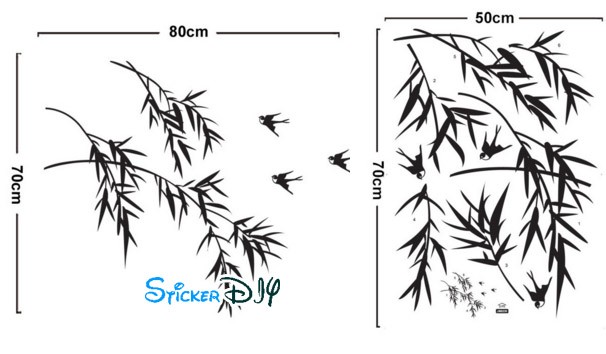 Transparent wall sticker สติ๊กเกอร์ติดผนัง กิ่งไผ่นกนางแอ่นสีดำ (กว้าง80cm.xสูง70cm.)