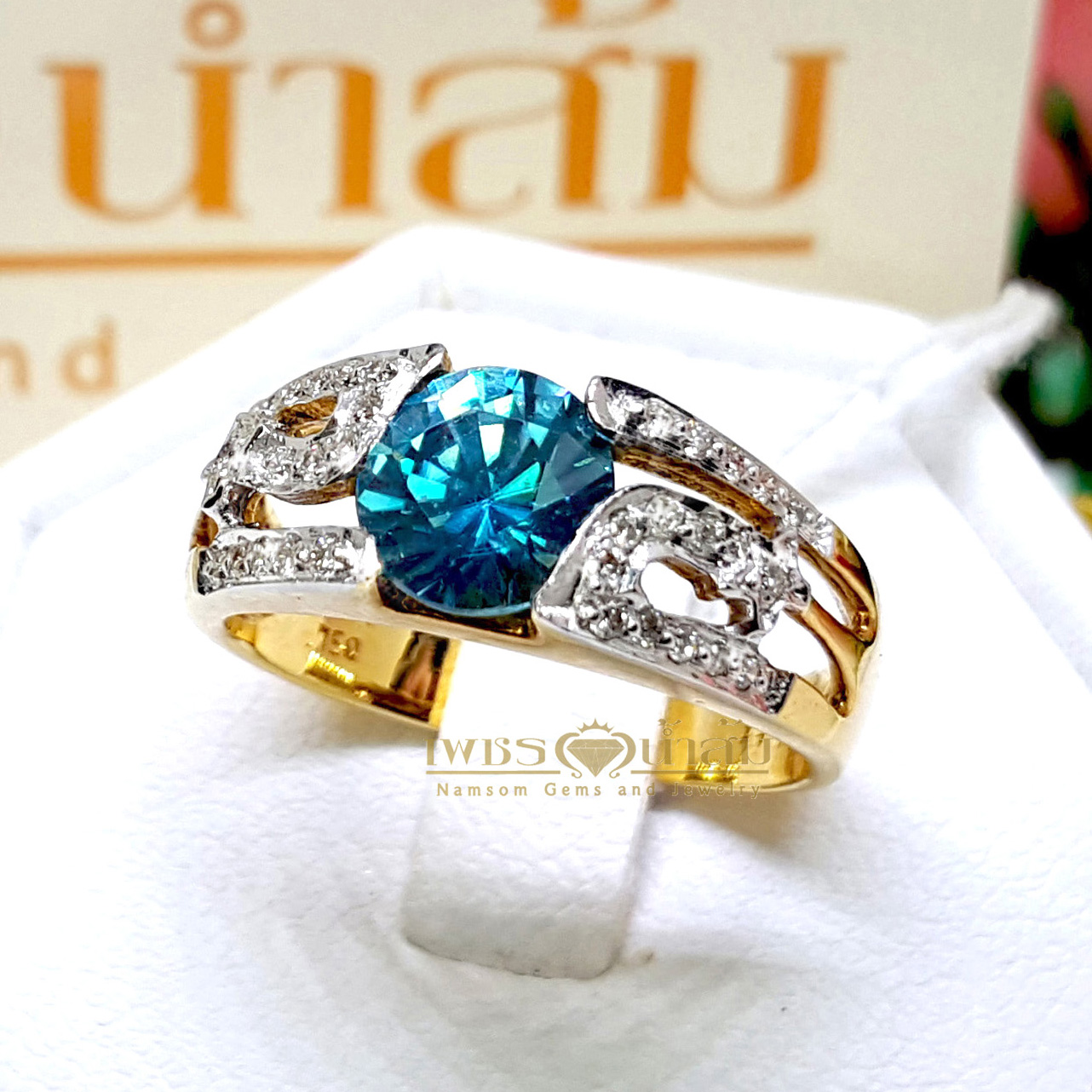 แหวนเพทาย เม็ดงาม ฝังบ่าข้างด้วยเพชรแท้ น้ำงาม เล่นลวดลายทรงกรีกโบราณ บนตัวเรือนทองแท้ทั้งตัวเรือน