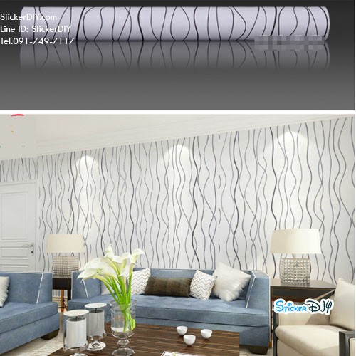 Wallpaper sticker วอลเปเปอร์แบบกาวในตัว ลายเส้นคลื่น สีดำ (กว้าง45cm.xยาว8-10m.)