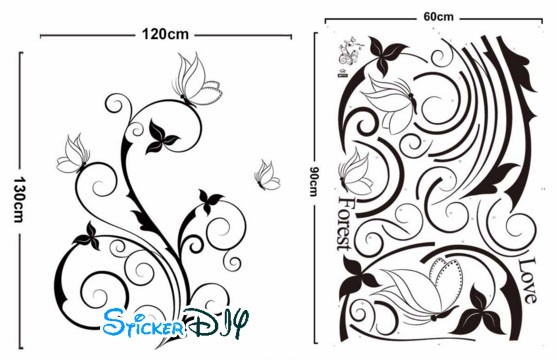 Transparent wall sticker สติ๊กเกอร์ติดผนัง Flower vine butterfly สไตล์ B (กว้าง100cm.xสูง140cm.)