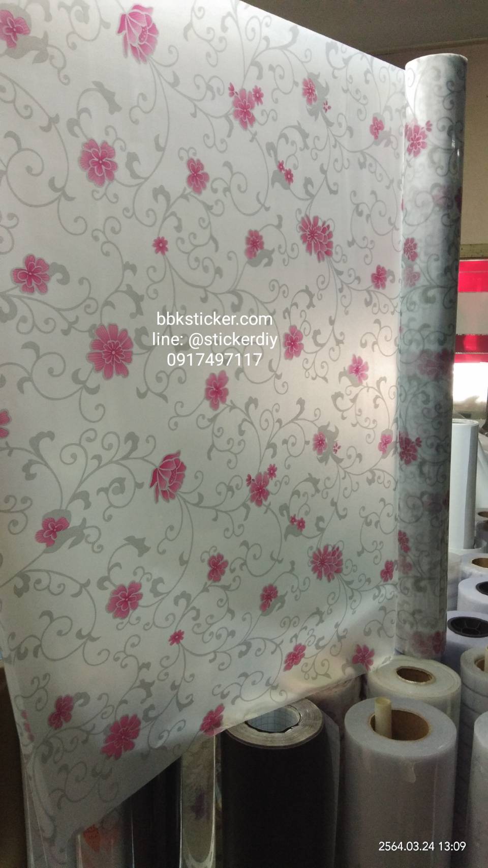 สติ๊กเกอร์ฝ้าติดกระจก แบบมีกาวในตัว แนวธรรมชาติ "Vintage Pink flower" หน้ากว้าง90cm. เมตรละ 89 บาท