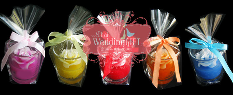 เทียนหอมดอกกุหลาบ ดอกตูม และดอกบาน บรรจุในแก้วใส แพ็คถุงแก้ว ผูกโบว์