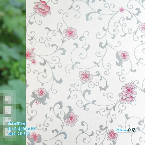 สติ๊กเกอร์ฝ้าติดกระจก แบบมีกาวในตัว แนวธรรมชาติ "Vintage Pink flower" หน้ากว้าง90cm. เมตรละ 89 บาท
