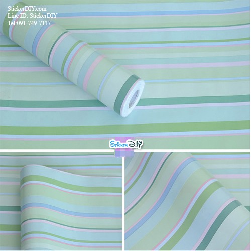 (กว้าง45cm.xยาว10m.)Wallpaper sticker วอลเปเปอร์แบบกาวในตัว Line สไตล์E สีเขียว
