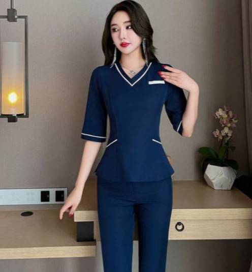 ชุดพนักงานนวดสปา ชุดคลินิกความงาม ชุดพนักงานต้อนรับ สีกรมท่า สีเทา