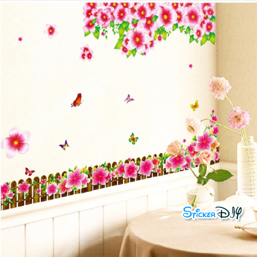 Transparent Wall Sticker สติ๊กเกอร์ติดผนัง แต่งขอบรั้วบานบุรี สีชมพูเข้ม (กว้าง140cm.xสูง92cm.)