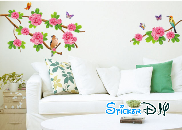 Transparent wall sticker สติ๊กเกอร์ติดผนัง กิ่งไม้ดอกไม้ชมพูและนก (กว้าง178cm.xสูง118cm.)
