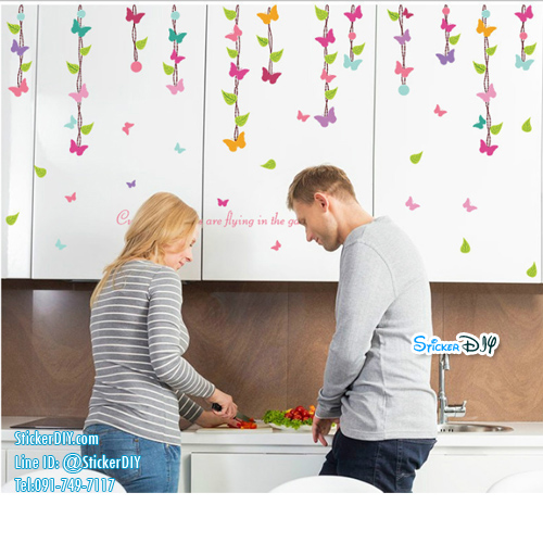Transparent Wall Sticker สติ๊กเกอร์ติดผนังแต่งขอบ โมบายผีเสื้อ SK7104 (กว้าง132cm.xสูง70cm.)