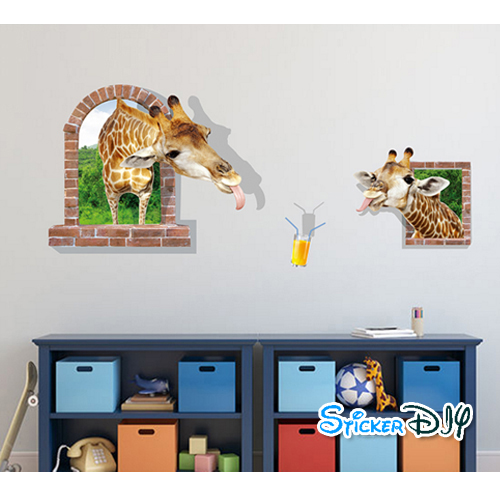 Transparent wall sticker สติ๊กเกอร์ติดผนัง 3D หน้าต่างยีราฟหยอกล้อ (กว้าง129cm.xสูง55cm.)