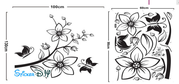 Transparent wall sticker สติ๊กเกอร์ติดผนัง กิ่งไม้ดอกผีเสื้อสีดำ (กว้าง100cm.xสูง130cm.)