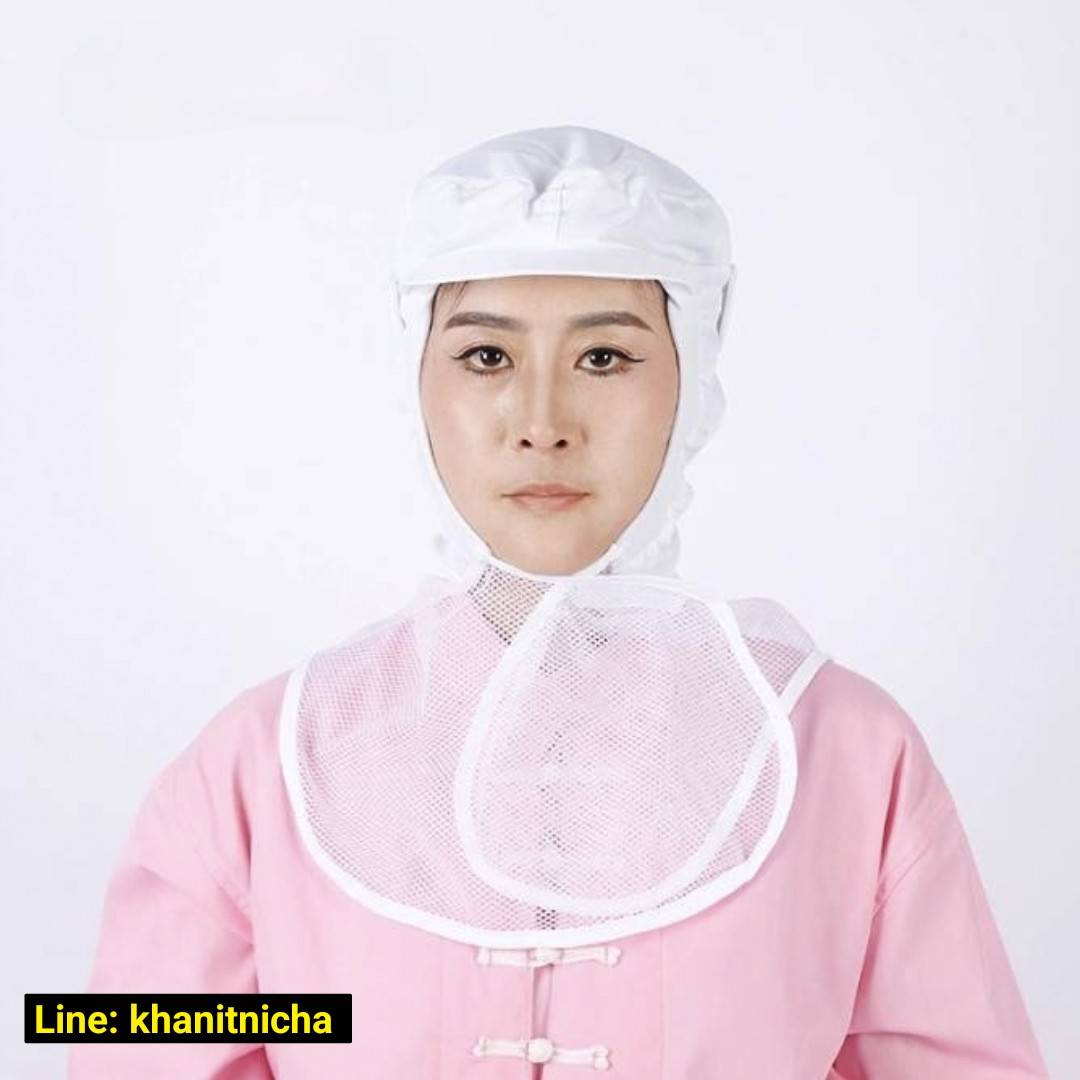 หมวกโรงงาน หมวกอนามัยป้องกันฝุ่น หมวกโรงงานคลุมไหล่ สีฟ้า สีขาว