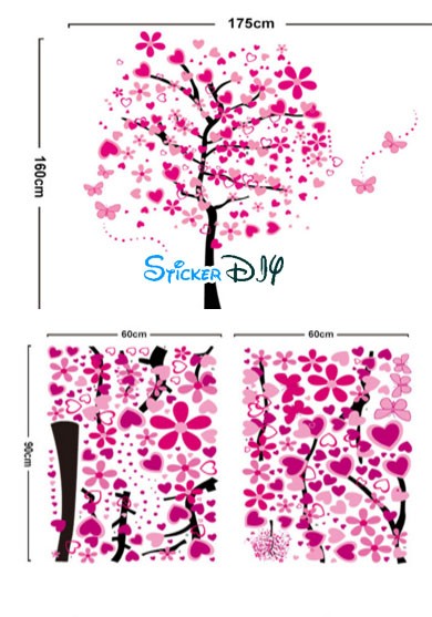 Bigsize Transparent wall sticker สติ๊กเกอร์ติดผนัง ต้นไม้ดอกไม้หัวใจสีชมพู (กว้าง175cm.xสูง160cm.)