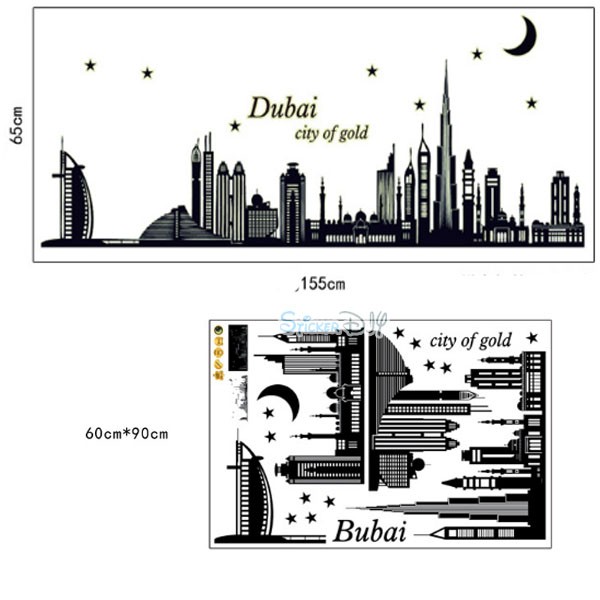 Transparent Luminescent Wall Sticker สติ๊กเกอร์ติดผนังเรืองแสง Bubai city of gold (กว้าง155cm.xสูง65cm.)