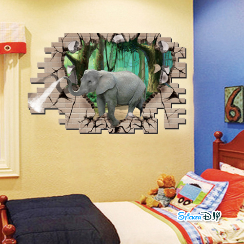 Wall sticker สติ๊กเกอร์ติดผนัง 3D ช้างพ่นน้ำ "เงินทองจะใหลเวียนไม่ขาด" (กว้าง90cm.xสูง60cm.)