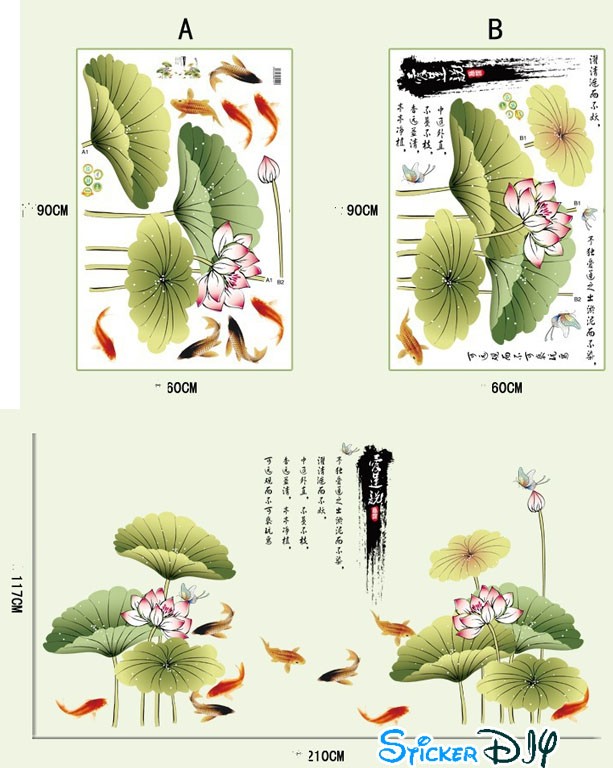 Bigsize Transparent wall sticker สติ๊กเกอร์ติดผนัง บ่อบัวปลาคาร์ฟนำโชค สไตล์ B (กว้าง210cm.xสูง117cm.)