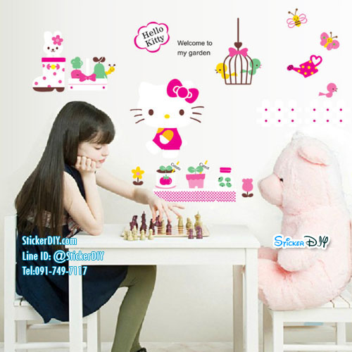 Transparent Wall sticker สติ๊กเกอร์ติดผนัง Kitty welcome to my garden (กว้าง155cm.xสูง95cm.)