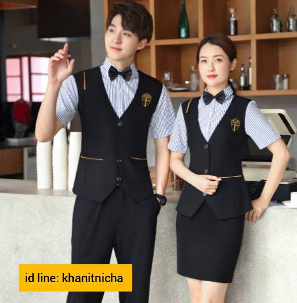 ชุดพนักงานเสริฟ ชุดพนักงานร้านอาหาร ชุดพนักงานร้านกาแฟ มีเสื้อกั๊กในตัว
