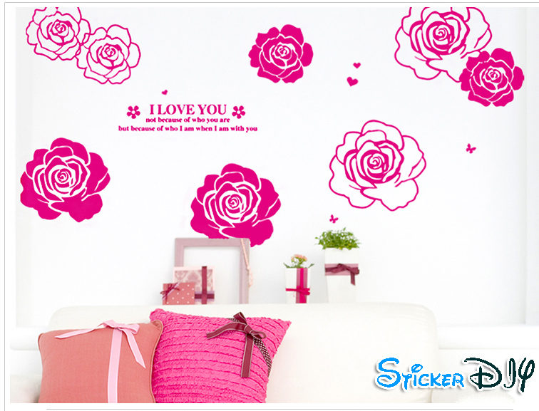 Transparent wall sticker สติ๊กเกอร์ติดผนัง ดอกกุหลาบ I LOVE YOU สีชมพูเข้ม (กว้าง150cm.xสูง81cm.)
