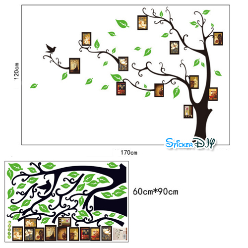 Transparent Wall Sticker สติ๊กเกอร์ติดผนัง กรอบรูปต้นไม้(ขวา)ใบเขียว สีดำ (กว้าง170cm.xสูง120cm.)