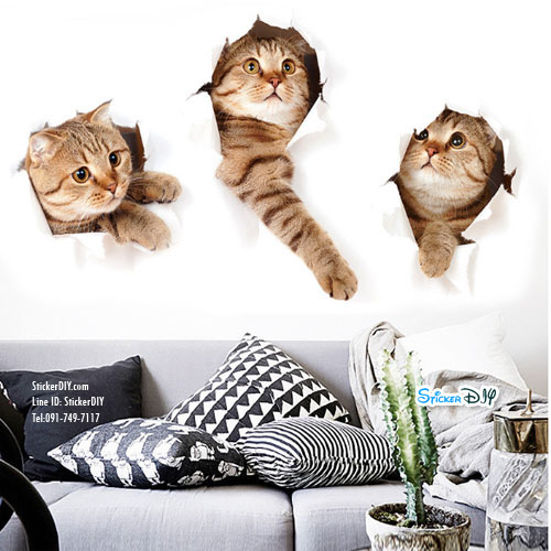 Wall Sticker สติ๊กเกอร์ติดผนัง 3D Three Kittys (กว้าง73cm.xสูง40cm)