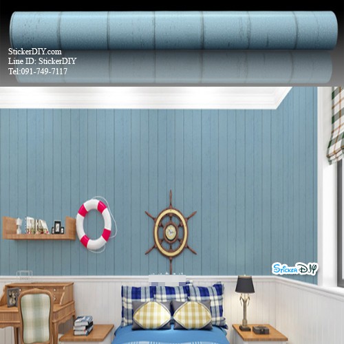 (กว้าง45cm.xยาว10m.)Wallpaper sticker วอลเปเปอร์แบบกาวในตัว ลายไม้ สีฟ้า