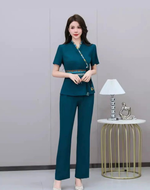 ชุดนวดสปา ชุดเสริมสวย ชุดพนักงานซาวน่า ต้อนรับ สีเขียวอมฟ้า S-5XL