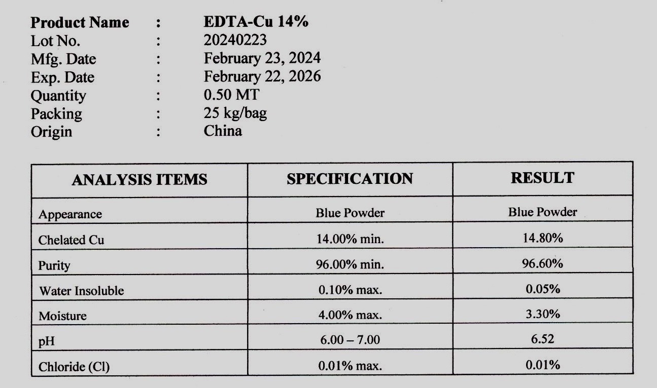 ผงจุลธาตุทองแดง(คอปเปอร์)คีเลตอีดีทีเอ Cu-EDTA 14% ทองแดงคีเลต EDTA Cu (JackChem) บรรจุ 1 กิโลกรัม