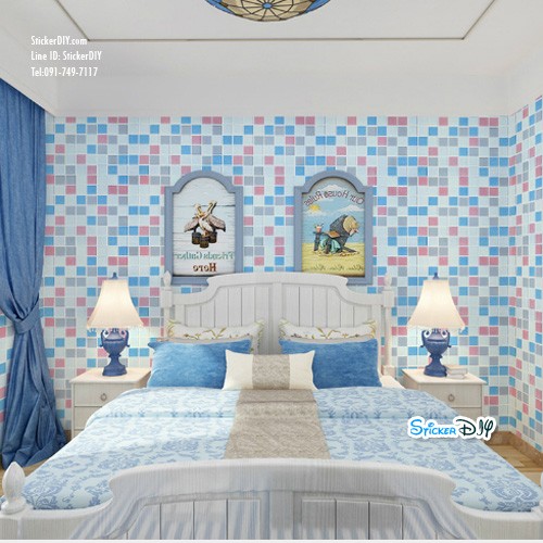 (กว้าง45cm.xยาว10m.)Wallpaper sticker วอลเปเปอร์แบบกาวในตัว ลายโมเสค สไตล์A สีชมพู