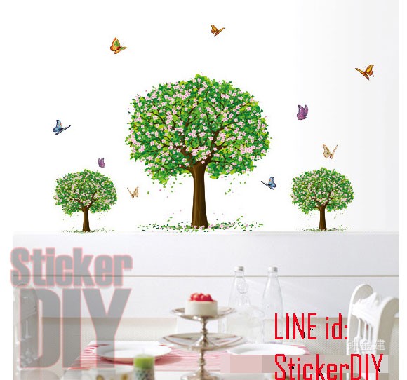 Transparent Wall sticker สติ๊กเกอร์ติดผนัง สวนดอกเชอรี่และผีเสื้อ (กว้าง150cm.xสูง75cm.)