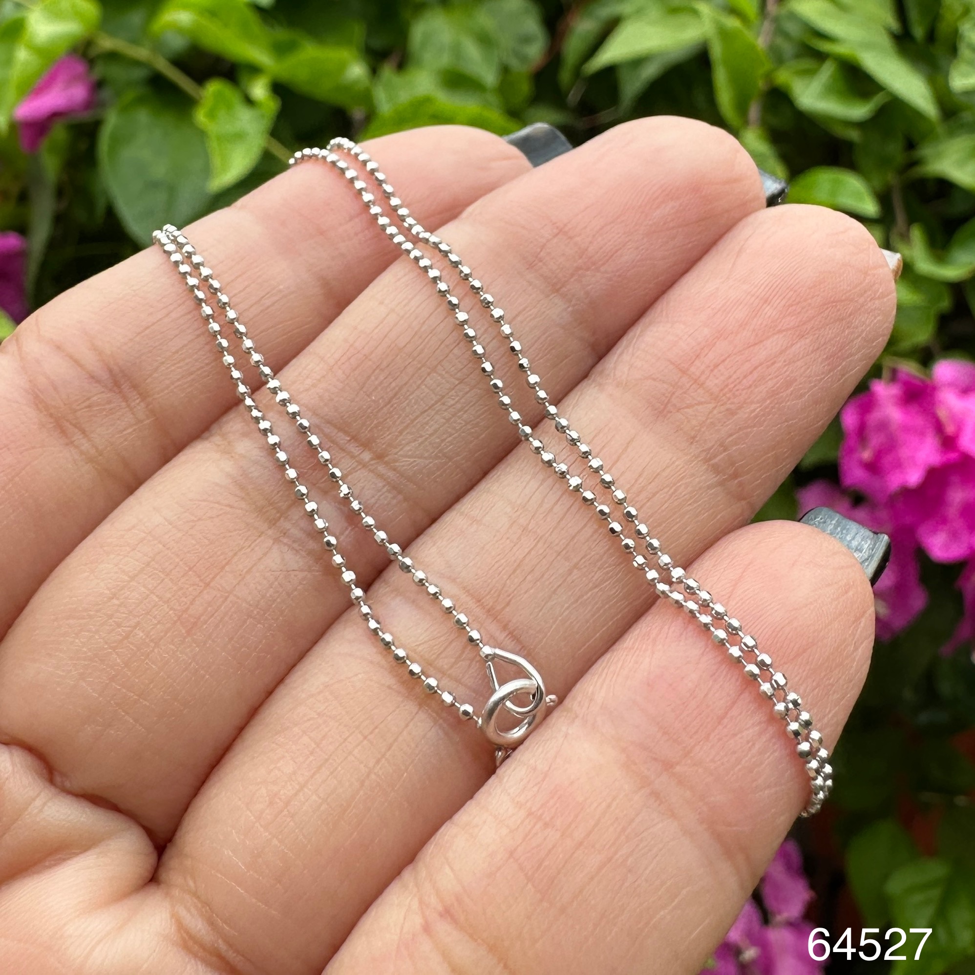 รหัส 64527 สร้อยคอ อิตาลี750 ทอง18Kขาว ลายเม็ดกลมไข่ปลา ตัดลาย รอบเส้น ความยาว 16 นิ้ว นน. 1.45 g