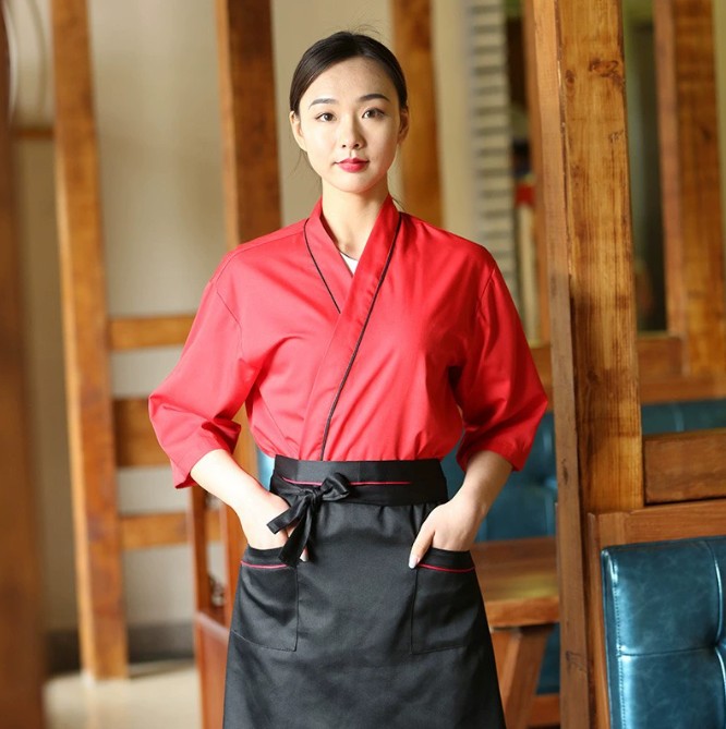 ชุดพนักงานอาหารเกาหลีญี่ปุ่น ชุดซูชิ กิโมโน ชุดพนักงานเสริฟ สีครีม สีน้ำตาล สีแดง สีกรม สีส้ม