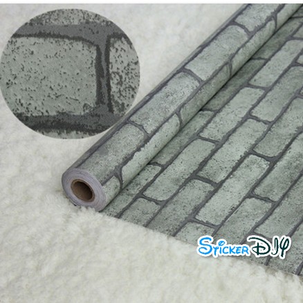 (กว้าง122cm.xยาว5m.) Wallpaper sticker วอลเปเปอร์แบบกาวในตัว ลายอิฐเทาอมเขียว