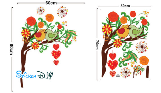 Transparent wall sticker สติ๊กเกอร์ติดผนัง กิ่งไม้นกคู่รัก (กว้าง60cm.xสูง80cm.)