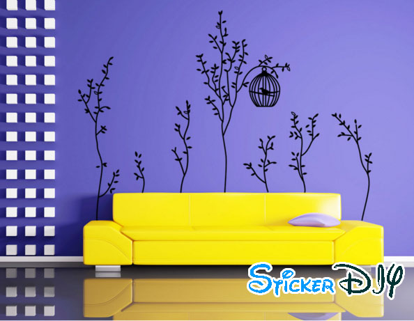 Transparent wall sticker สติ๊กเกอร์ติดผนัง ต้นไม้เล็กกรงนกสีดำ (กว้าง220cm.xสูง150cm.)