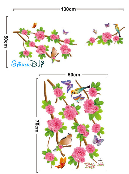 Transparent wall sticker สติ๊กเกอร์ติดผนัง กิ่งไม้ดอกไม้ชมพูและนก (กว้าง178cm.xสูง118cm.)