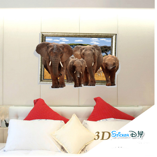 Transparent wall sticker สติ๊กเกอร์ติดผนังสามมิติ 3D ช้างสี่เชือก "ความอุดมสมบูรณ์" (กว้าง88cm.xสูง59cm)