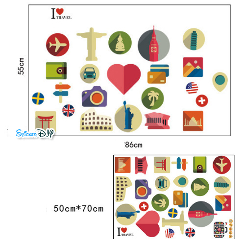 Wall Sticker สติ๊กเกอร์ติดผนัง I love travel (กว้าง86cm.xสูง55cm.)