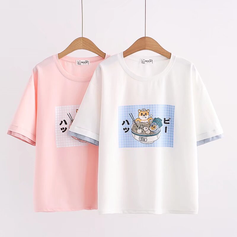 P3017 เสื้อแฟชั่น ผ้ายืดเนื้อนิ่ม แขนแต่งผ้าฝ้ายลายตาราง 2 สี ขาว ชมพู