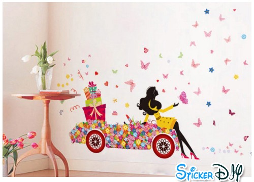 Transparent wall sticker สติ๊กเกอร์ติดผนัง Flower girl "Gift" (กว้าง130cm.xสูง100cm.)