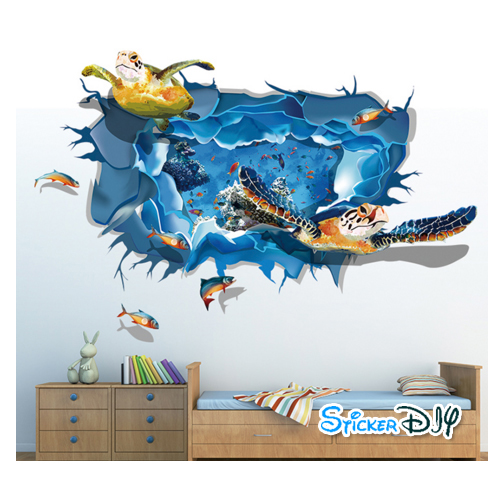 Transparent wall sticker สติ๊กเกอร์ติดผนัง 3D โลกใต้น้ำของเต่าทะเล (กว้าง105cm.xสูง70cm.)